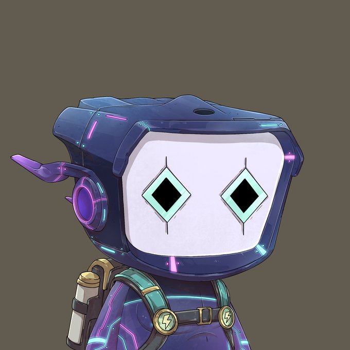 A digital illustration of a robot character wearing a large blue TV-like head with a white face and diamond-shaped eyes, dressed in a purple outfit with glowing cyan accents.