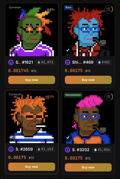 Four pixel-art NFT character cards from a marketplace, each priced at approximately 0.00175 BTC (totaling ~0.007 BTC) — listed as items #1621, #469, #2659, and #3202 with rarity tags (Common, Rare, Uncommon). The "Almost 0.002 BTC" caption likely refers to the per-item price, though all four shown are actually slightly under 0.002 BTC each.