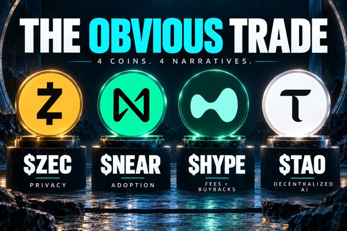 A crypto-themed graphic titled “THE OBVIOUS TRADE” presents four coin narratives: $ZEC “PRIVACY,” $NEAR “ADOPTION,” $HYPE “FEES + BUYBACKS,” and $TAO “DECENTRALIZED AI.”