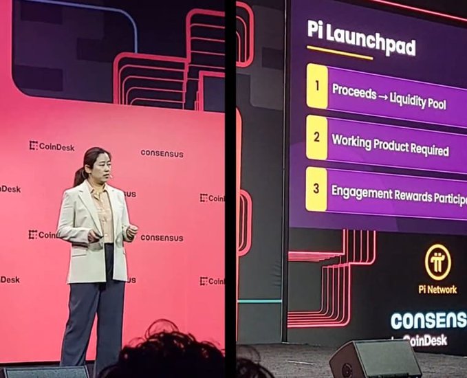 A woman presents at the CoinDesk Consensus conference, standing beside a screen detailing the "Pi Launchpad" with three key points: "1. Proceeds → Liquidity Pool," "2. Working Product Required," and "3. Engagement Rewards Participant," with Pi Network branding visible below. The presentation directly illustrates the post's discussion of Pi Launchpad as an ecosystem-token layer, highlighting how the platform requires functional products and allocates proceeds to liquidity while rewarding user engagement rather than just launching new tokens.