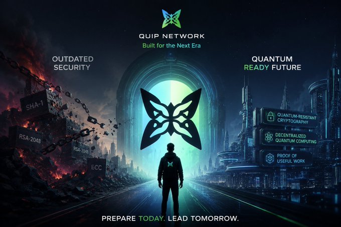 A promotional graphic for 'QUIP NETWORK' with the tagline 'Built for the Next Era', contrasting 'OUTDATED SECURITY' with 'QUANTUM READY FUTURE' against a futuristic cityscape.