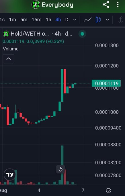 A candlestick trading chart for 'Hold/WETH' on a 'Everybody' exchange shows a price of 0.0001119 with a 4-hour timeframe and recent price spike.