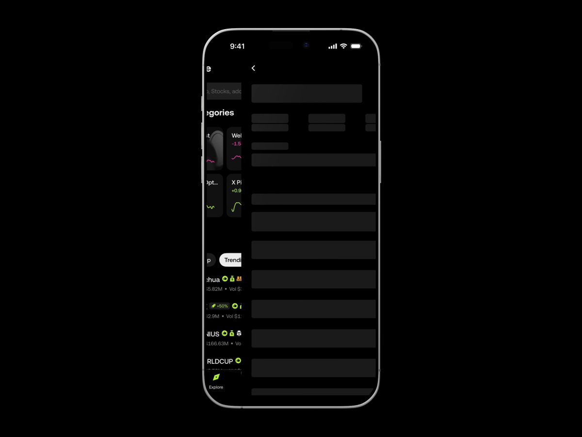 A smartphone displaying a cryptocurrency wallet app with a stock/crypto tracking interface, showing tickers like "Well" (-1.5), "X Pi" (+0.9), "RLDCUP," and an "Explore" navigation tab, illustrating the seamless in-app access to real-world asset (RWA) trading highlighted in the post.