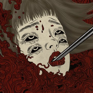 A surreal illustration depicts a face with multiple eyes and red lips holding a slender object, surrounded by dark, swirling red patterns.