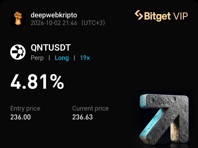 The image shows a Bitget VIP trading interface displaying a long position on QNTUSDT perpetual futures at 4.81% profit, with an entry price of 236.00 and current price of 236.63, using 19x leverage. The trade, opened by "deepwebkripto" on October 2, 2026, visually confirms the post's claim of taking a leveraged long position on QNT (Quant) based on a tip expecting the token to reach $300 within 48 hours.