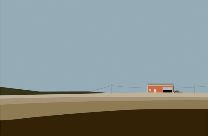 A minimalist digital illustration showing a vast empty sky over a flat landscape, with a small orange building and a vehicle on the horizon.