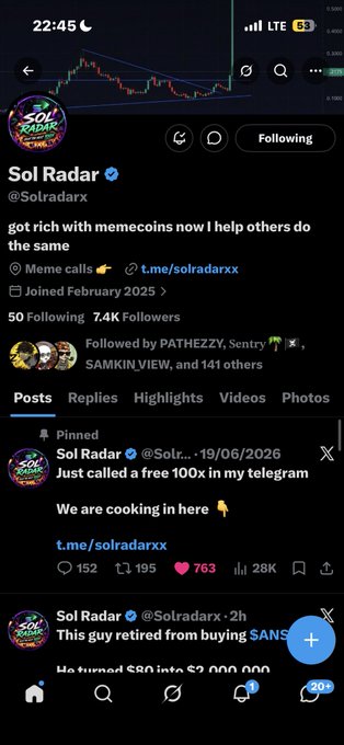 X profile of 'Sol Radar' (@Solradarx) with bio reading 'got rich with memecoins now I help others do the same' and pinned post about a 100x call.