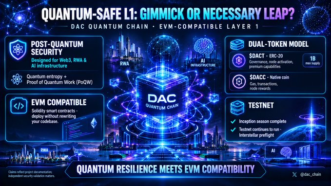 An infographic for 'DAC QUANTUM CHAIN' advertising 'QUANTUM-SAFE L1: GIMMICK OR NECESSARY LEAP?' featuring post-quantum security, EVM compatibility, dual-token model with $DACT and $DACC, and testnet status.