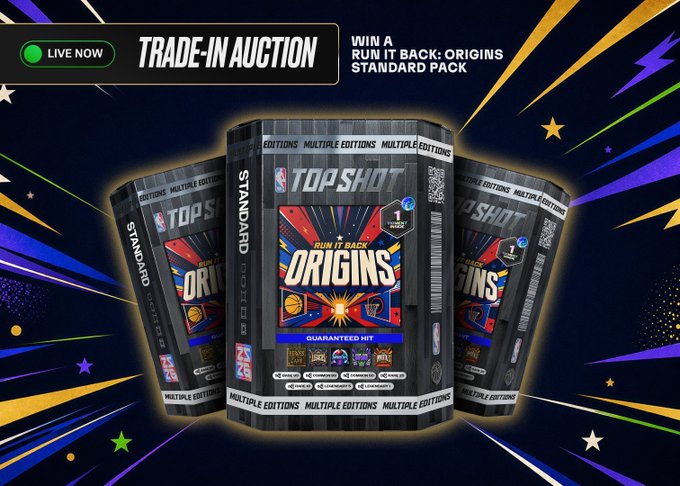 The image displays NBA Top Shot's promotional graphic for the "Run It Back: Origins Standard Pack" Trade-In Auction, featuring three foil-wrapped packs and text announcing "TRADE-IN AUCTION" with "WIN A RUN IT BACK: ORIGINS STANDARD PACK" at the top. This directly corresponds to the post announcing the completion of the first RIB: Origins Trade-In Auction, where 25 winners claimed the pack via an average winning bid of $79.48 using common/fandom moments.
