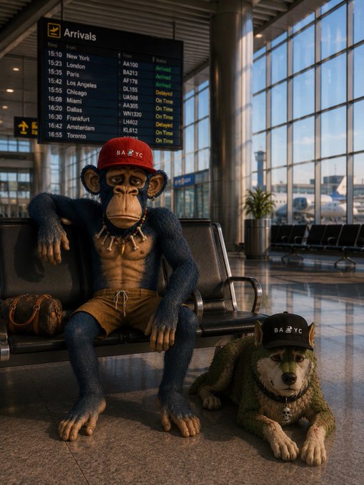 An AI-generated image showing a monkey wearing a 'BAYC' cap sitting on an airport bench next to a dog also wearing a 'BAYC' cap, with an arrivals board in the background.