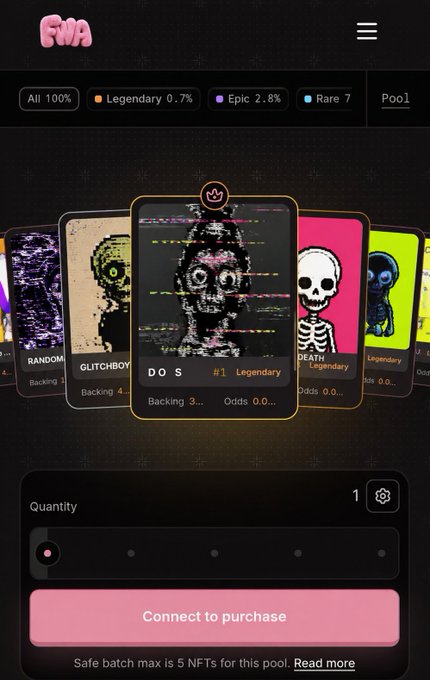 The image shows a $FWA token NFT pool interface with a slider set to "Legendary 0.7%" rarity filter, displaying collectible NFTs like GLITCHBOY, DOS, and DEATH with the prompt "Connect to purchase" at the bottom, illustrating the custom NFT pool feature highlighted in the post.