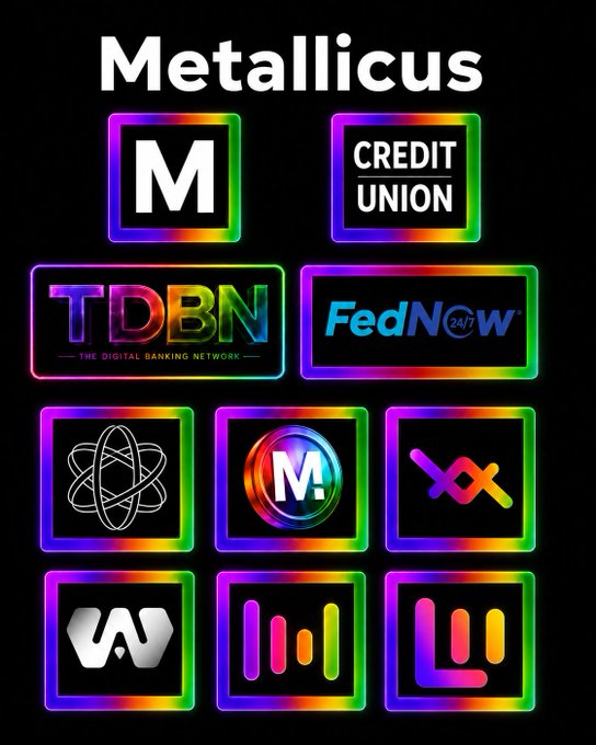 A dark interface titled 'Metallicus' displaying a grid of ten rainbow-bordered icons representing various digital banking and financial services, including 'M', 'CREDIT UNION', 'TDBN - THE DIGITAL BANKING NETWORK', and 'FedNow'.