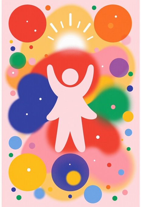A colorful graphic illustration features a white silhouette of a figure with raised arms surrounded by vibrant overlapping circles in red, blue, yellow, pink, and green on a pale pink background.