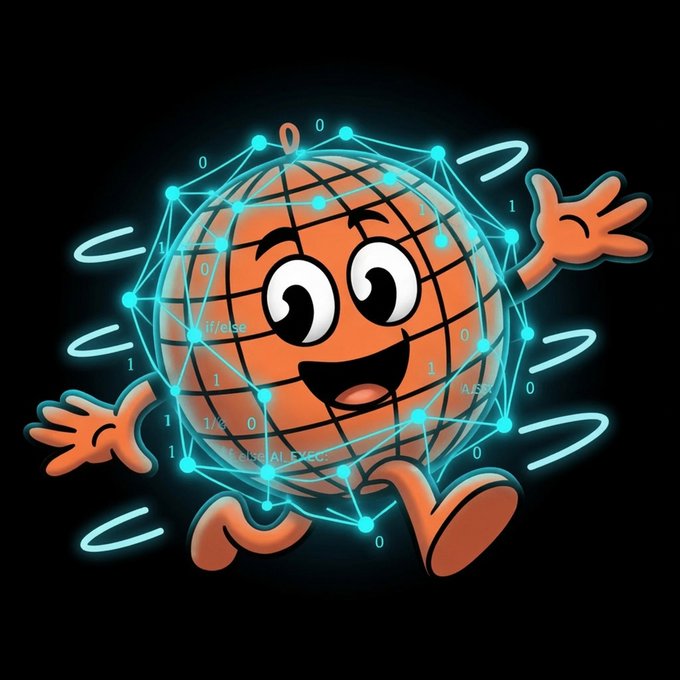 A cartoon mascot of an orange globe character with a smiling face, limbs, and a glowing blue network of nodes and binary code overlaid on it against a black background.