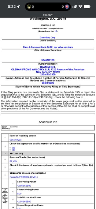 The image shows an SEC Schedule 13D filing for CUSIP 36687W109 (GameStop Corp.), filed by Ryan Cohen under Eshan Riaz L.P. with 42,082,608 shares reported (8.4% beneficial ownership). The filing relates to the post's claim that Ryan Cohen has not sold any shares, with the amendment triggered solely by changes in GameStop's outstanding share count from convertible note exchanges.