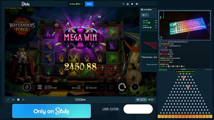 A screenshot of a Stake.com live stream shows a "Mega Win" of SC 2450.88 on the Waylander's Forge slot game, with the streamer announcing they'll tip followers with their LTC address.