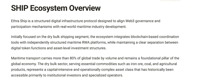 Text document titled 'SHiP Ecosystem Overview' describing Ethra Ship as a structured digital infrastructure protocol for Web3 governance and maritime industry development, focusing on dry bulk shipping.