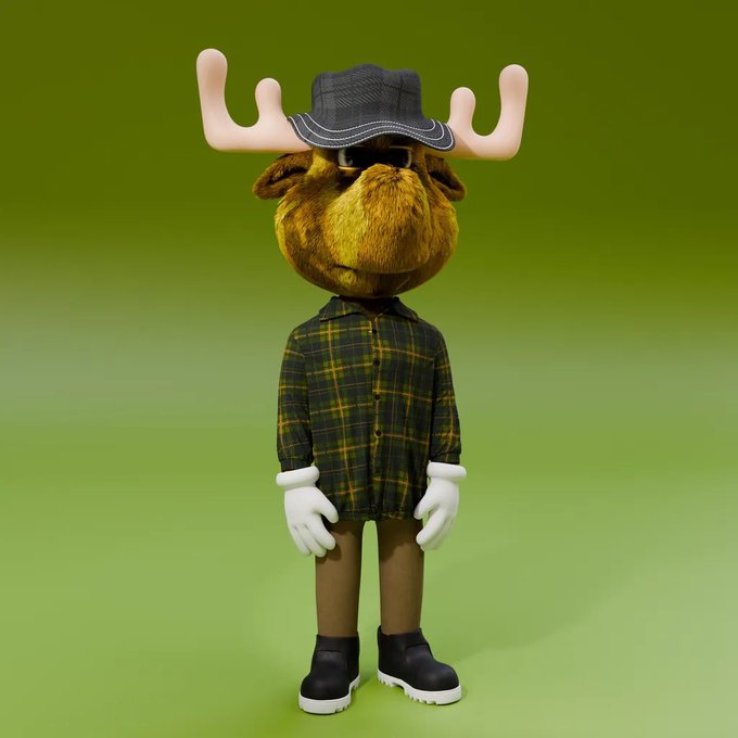 A 3D rendering of an anthropomorphic moose wearing a bucket hat, sunglasses, a plaid flannel shirt, white gloves, and boots stands against a solid green background.