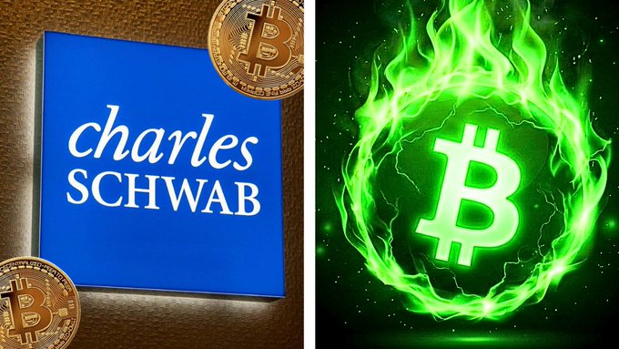 A split image shows the 'charles SCHWAB' blue logo alongside physical Bitcoin coins on the left, and a glowing green Bitcoin symbol engulfed in flames on the right.