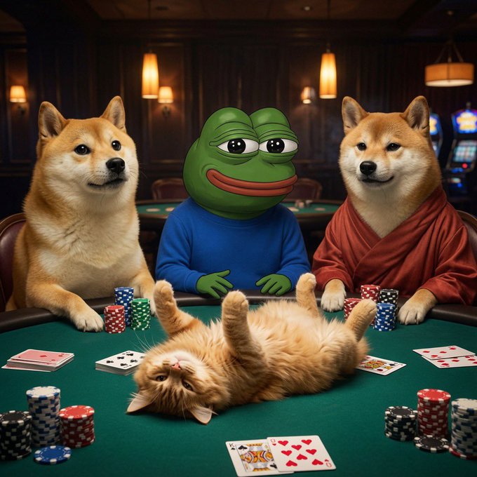 The image features a cat lying on its back with its paws up, surrounded by three dogs sitting around a poker table. The cats are positioned at different angles relative to each other, while the two dogs appear to be engaged in a game of poker. The background includes a green casino-like setting and various poker chips scattered across the table.