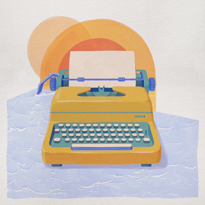 A colorful digital illustration of a yellow and teal typewriter with a blank sheet of paper, set against an orange sun design and resting on a light blue surface.