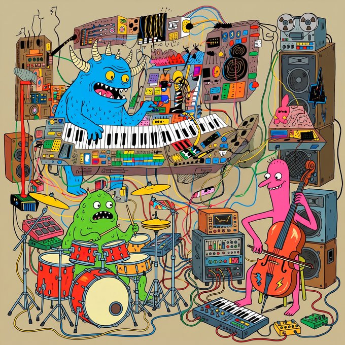 A colorful cartoon illustration of a monster band performing together, featuring a blue horned monster playing a keyboard, a green monster on drums, and a pink monster playing a cello, surrounded by synthesizers, amplifiers, and tangled cables.
