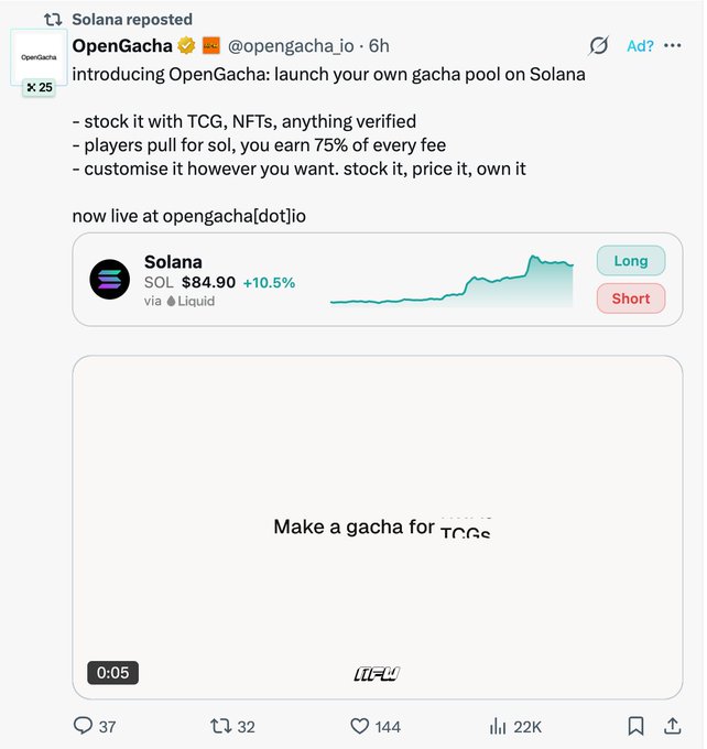 A screenshot of a reposted tweet from @opengacha_io announcing the launch of OpenGacha, a Solana-based gacha pool platform, showing SOL priced at $84.90 (+10.5%) with a brief video titled "Make a gacha for TCG" playing. The post highlights OpenGacha as an affiliate product of @nfwdotfun, suggesting that $NFW from the @SOLsesame team may receive official support from Solana.