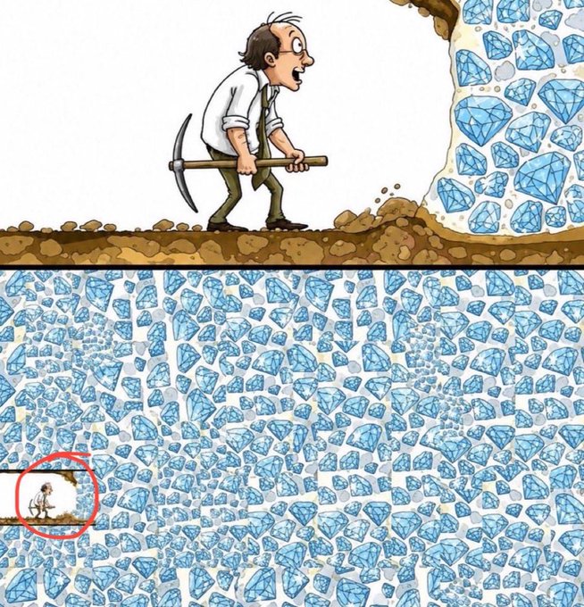 A cartoon illustration depicts a man with a pickaxe mining into a massive field of blue diamonds, with a smaller version of the scene circled in red at the bottom left.