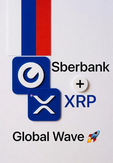 The image shows a book cover featuring a rocket ship flying under the words "Global Wave", along with logos for "Sberbank" and "XRP". The title of the image reads "Institutional Interest in $XRP keeps growing. Reports suggest that Sberbank, Russia's largest bank with roughly $500B in assets, is exploring blockchain-based financial infrastructure as adoption accelerates globally."