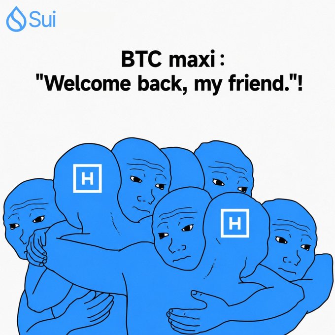 A Sui-branded meme with blue characters hugging labeled 'H' (likely Hedera), captioned 'BTC maxi: "Welcome back, my friend."' referencing Hedera's return or popularity.