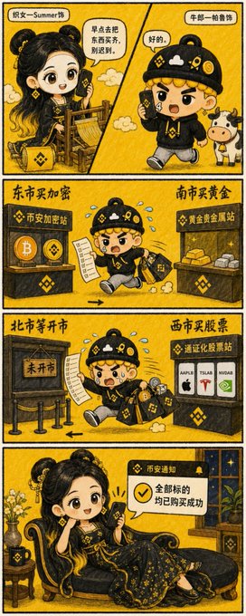 A four-panel Chinese comic shows a chibi woman with the label "假名-Summer雨" asking to leave early to buy Qixi gifts, while a young man rushes between shops— "东市买加密" (East Market buys crypto/Bitcoin), "南市买黄金" (South Market buys gold), "北市等开市" (North Market waits for stock market to open), and "西市买股票" (West Market buys stocks like AAPL, TSLA, NVDA)—before finally delivering a "币安通知" (Binance notification) that all targets have been successfully purchased, as she relaxes on a couch. The crypto/stock shopping spree visualizes the post's claim that he's just one thing away from a perfect Qixi, humorously suggesting she wants every major asset class as her gift.