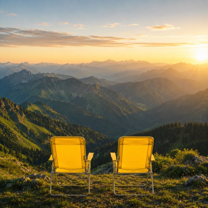 Two yellow folding chairs sit side by side on a mountain overlook at sunset, facing a vast range of rolling peaks bathed in golden light—an inviting, tranquil scene that visualizes the sentiment of a loyal friend always having "a seat saved" for you, ready to share the beauty of the view together.
