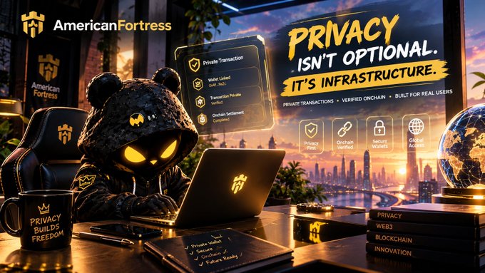 A promotional banner for "AmericanFortress" featuring a hooded black bear character using a laptop, with the slogan "PRIVACY ISN'T OPTIONAL. IT'S INFRASTRUCTURE." and icons listing privacy features like private transactions, on-chain verification, and secure wallets.
