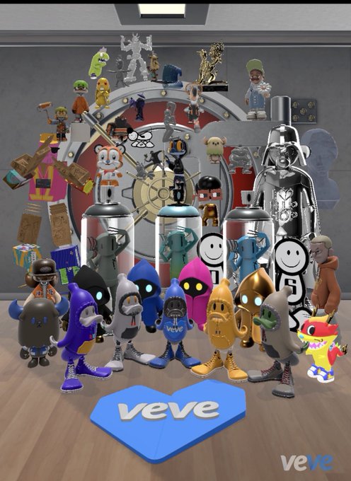 A promotional image for the 'veve' app showcases a large collection of digital collectible figures including cartoon characters, robots, and pop culture icons arranged in front of a vault-like background.