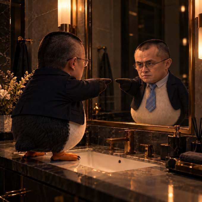 An AI-generated image of a penguin wearing a business suit, tie, and glasses, pointing at its reflection in a bathroom mirror.