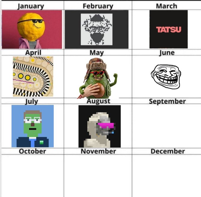 A monthly calendar template featuring various meme and character images assigned to different months, including a smiley ball with sunglasses (January), a pixel character (February), 'TATSU' text (March), decorative patterns (April), a green creature with sunglasses (May), a trollface (June), Frankenstein's monster pixel art (July), and a pixel figure (August).