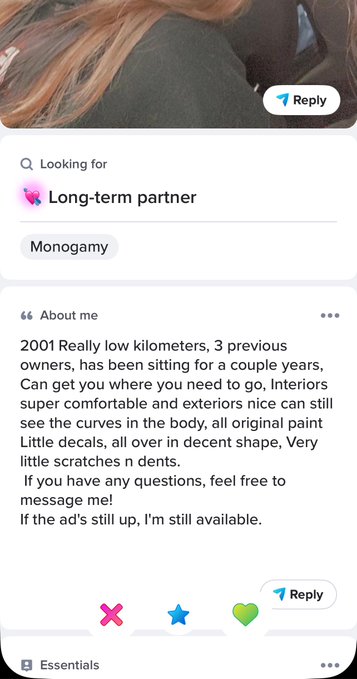 The image shows a cell phone screen displaying a text message from a dating app. The message reads "Long-term partner" and includes details about the person's background, such as their age, interests, and preferences for interior design. The conversation also touches on the importance of trust in relationships and how AI is changing the way we perceive and interact with digital content.
