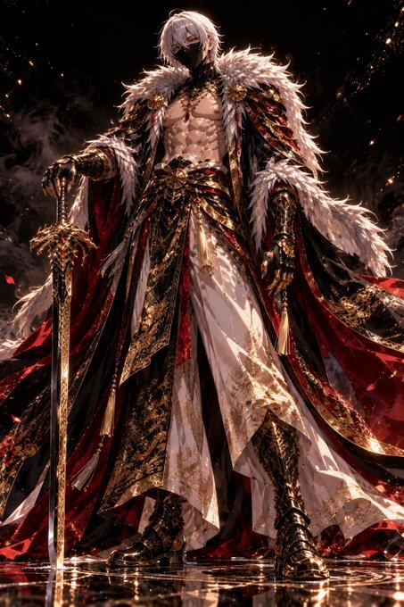 An AI-generated fantasy artwork of a muscular warrior in ornate gold and red robes with fur trim, holding a sword.