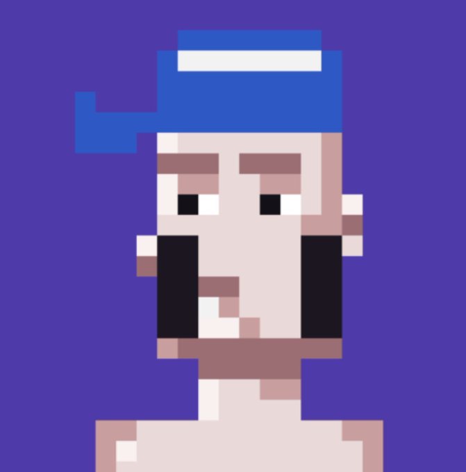 A pixel art portrait of a bald character with large black sideburns and a blue and white visor, set against a purple background.
