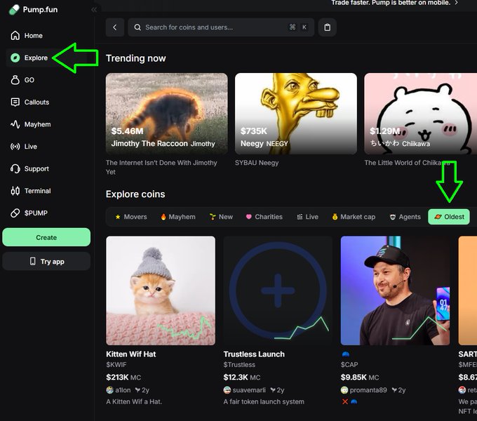 A screenshot of the Pump.fun crypto platform interface, highlighting the 'Explore' tab with green arrows and showing trending coins like 'Jimothy The Raccoon,' 'Neegy NEEGY,' and 'Chikawa.'