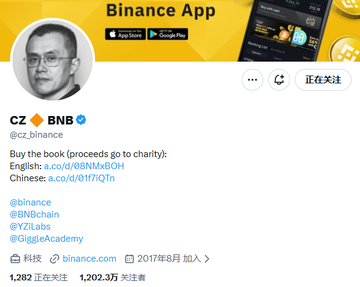 A Twitter/X profile for CZ (Changpeng Zhao), founder of Binance and BNB, with the handle @cz_binance, linking to charity books in English and Chinese.
