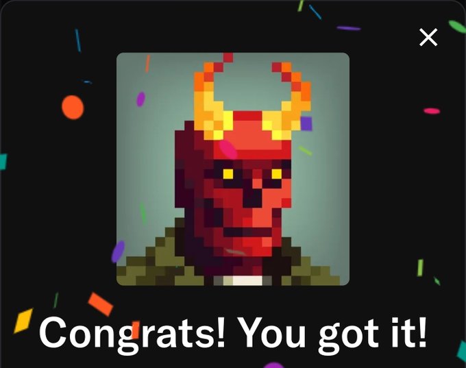 A pixelated red demon character with fiery horns and yellow glowing eyes is displayed with a "Congrats! You got it!" message and colorful confetti, celebrating the acquisition of a flaming "#LouKing" "#PFP" NFT profile picture.