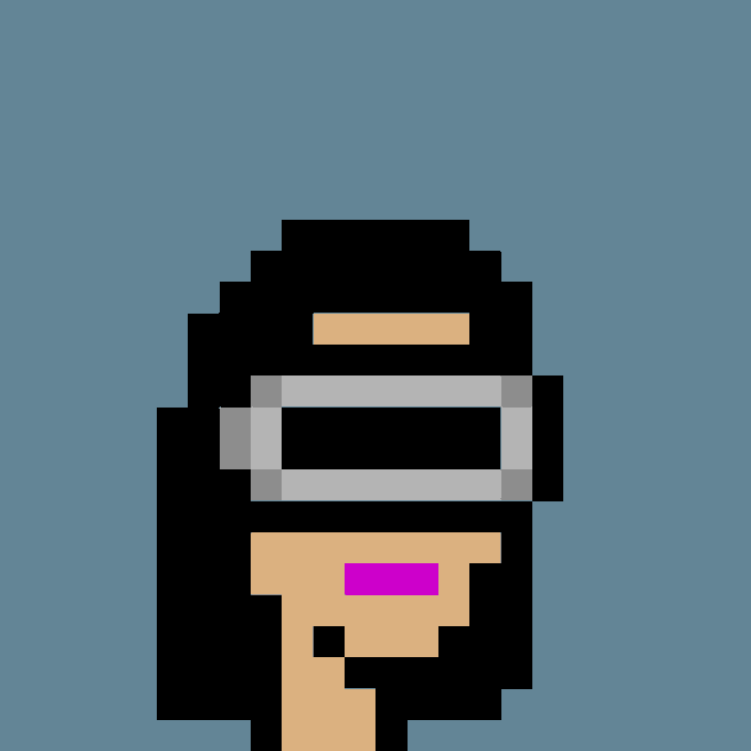 A pixel art portrait of a person with black hair and a silver visor against a blue background.