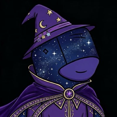 A digital illustration of a character with a galaxy-filled, dark blue body and face, wearing a purple wizard's hat adorned with stars and a matching robe, set against a black background.