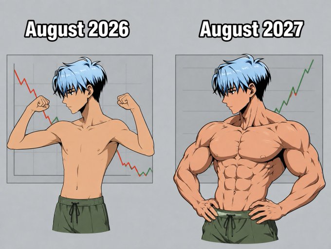 An anime-style illustration comparing a slim character labeled 'August 2026' next to a red downward chart to a muscular version of the same character labeled 'August 2027' next to a green upward chart.