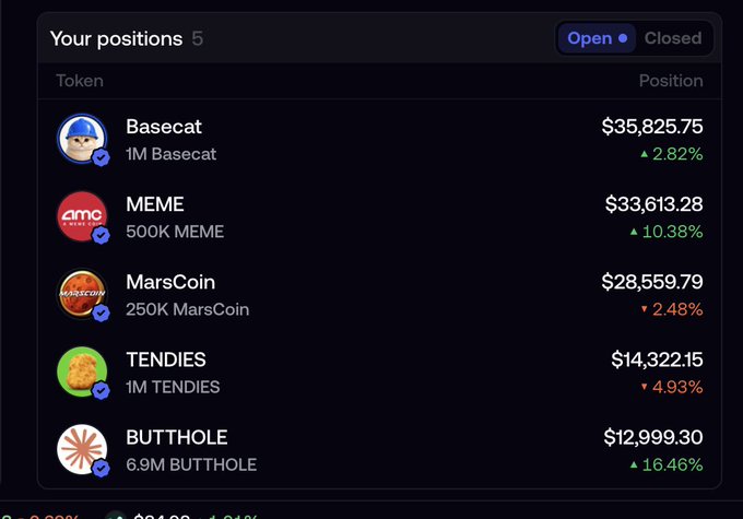 A dark-themed cryptocurrency portfolio dashboard titled 'Your positions' listing 5 open tokens: Basecat ($35,825.75, +2.82%), MEME ($33,613.28, +10.38%), MarsCoin ($28,559.79, -2.48%), TENDIES ($14,322.15, -4.93%), and BUTTHOLE ($12,999.30, +16.46%).