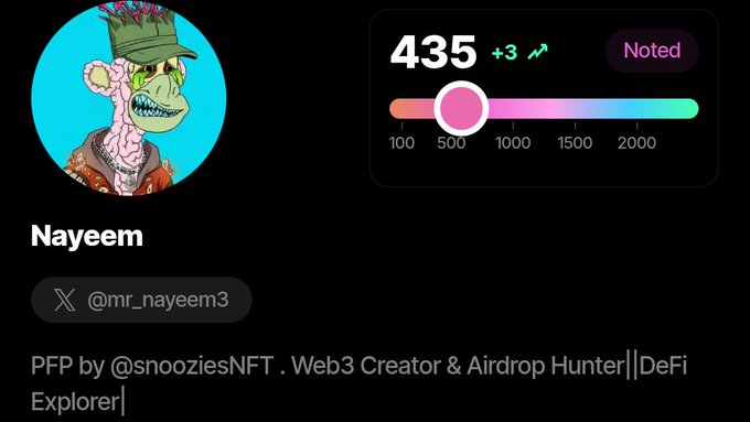 A Twitter/X profile for 'Nayeem' (@mr_nayeem3) with a rating score of 435, describing himself as 'PFP by @snooziesNFT . Web3 Creator & Airdrop Hunter||DeFi Explorer'.