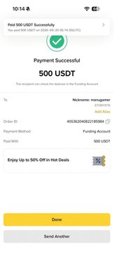 A mobile payment confirmation screen showing 'Payment Successful 500 USDT' sent to a nickname with order ID ending in 86984.