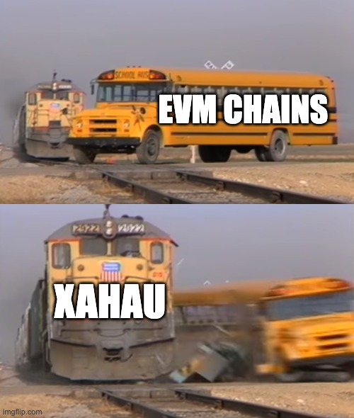 The image is a meme showing a school bus and train on a collision course, with "EVM CHAINS" labeled on the bus and "XAHAU" on the train, depicting a train (Xahau) plowing through a school bus (EVM chains).

The meme illustrates Xahau as a powerful, unstoppable force (the train) overpowering and replacing the outdated or more limited EVM-based blockchain networks (the bus), reinforcing the post's message that developers should abandon traditional blockchain limitations and switch to Xahau's new, easier-to-use, real-world financial platform.