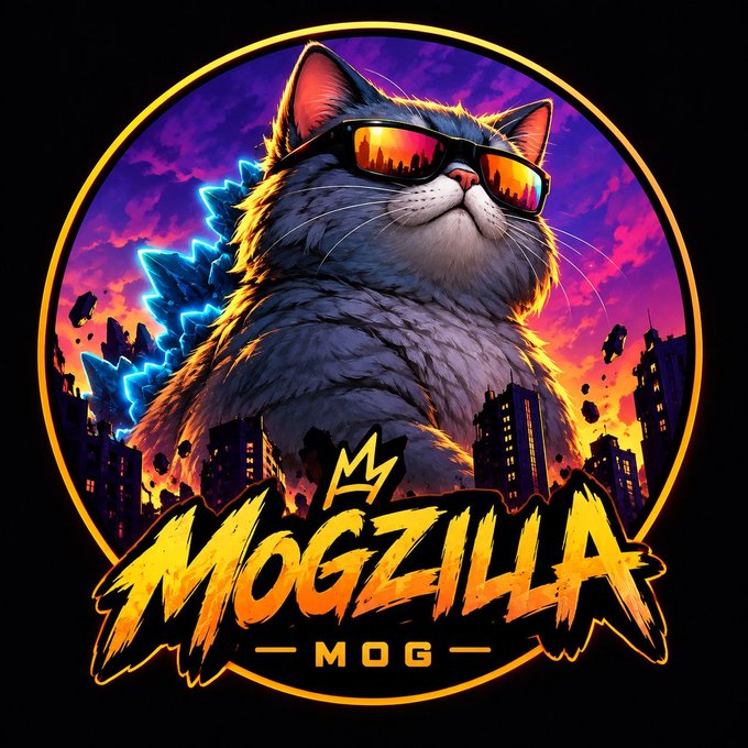 A stylized illustration shows a fluffy cat wearing reflective sunglasses with a city skyline reflection, with "MOGZILLA" in graffiti-style yellow text and "MOG" below on a black background.
